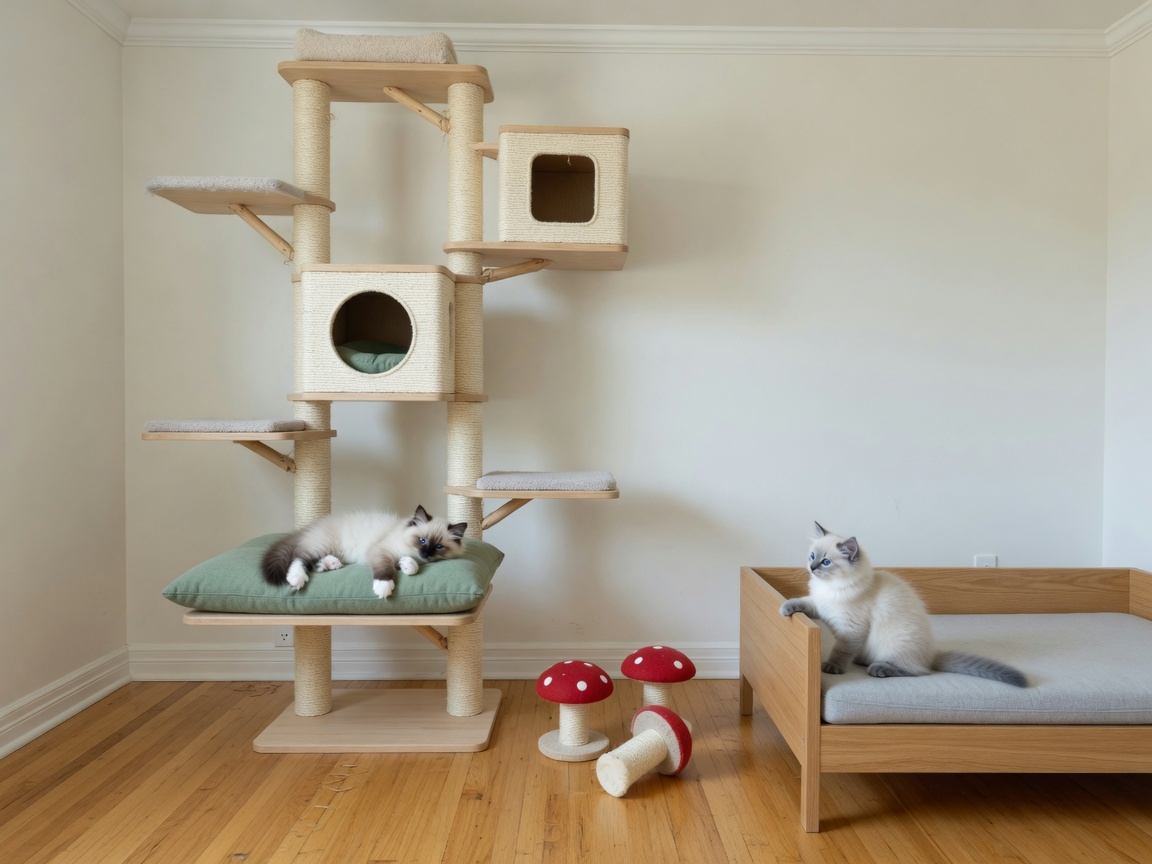 A light, clean household playroom with wood and carpet cat furniture