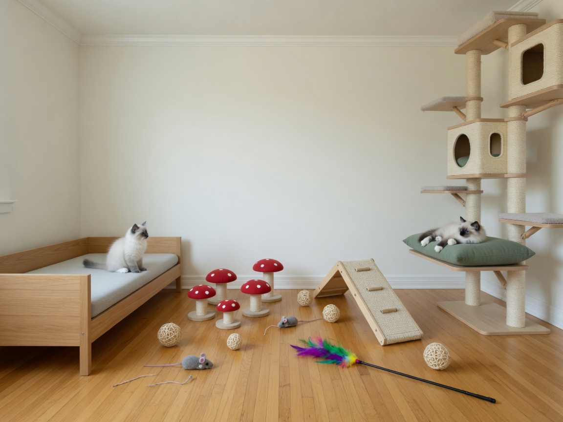 A contained kitten play area with climbing toys sized for kittens
