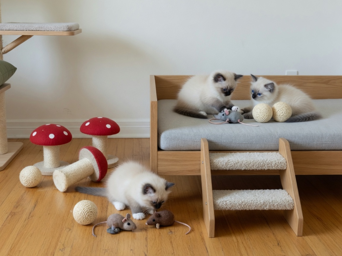 Another corner of the kitten playroom, pale walls and low wooden structures